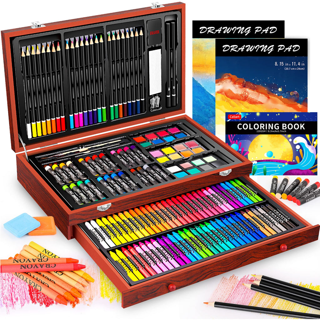Caliart Art Supplies Kit, 153-Pack Deluxe Drawing Art Set Painting Coloring | 2 A4 Sketch Pads, Coloring Book, Colored Pencils, Crayons, Crafts Gifts for Artists Teen Girls Boys Kids Adults