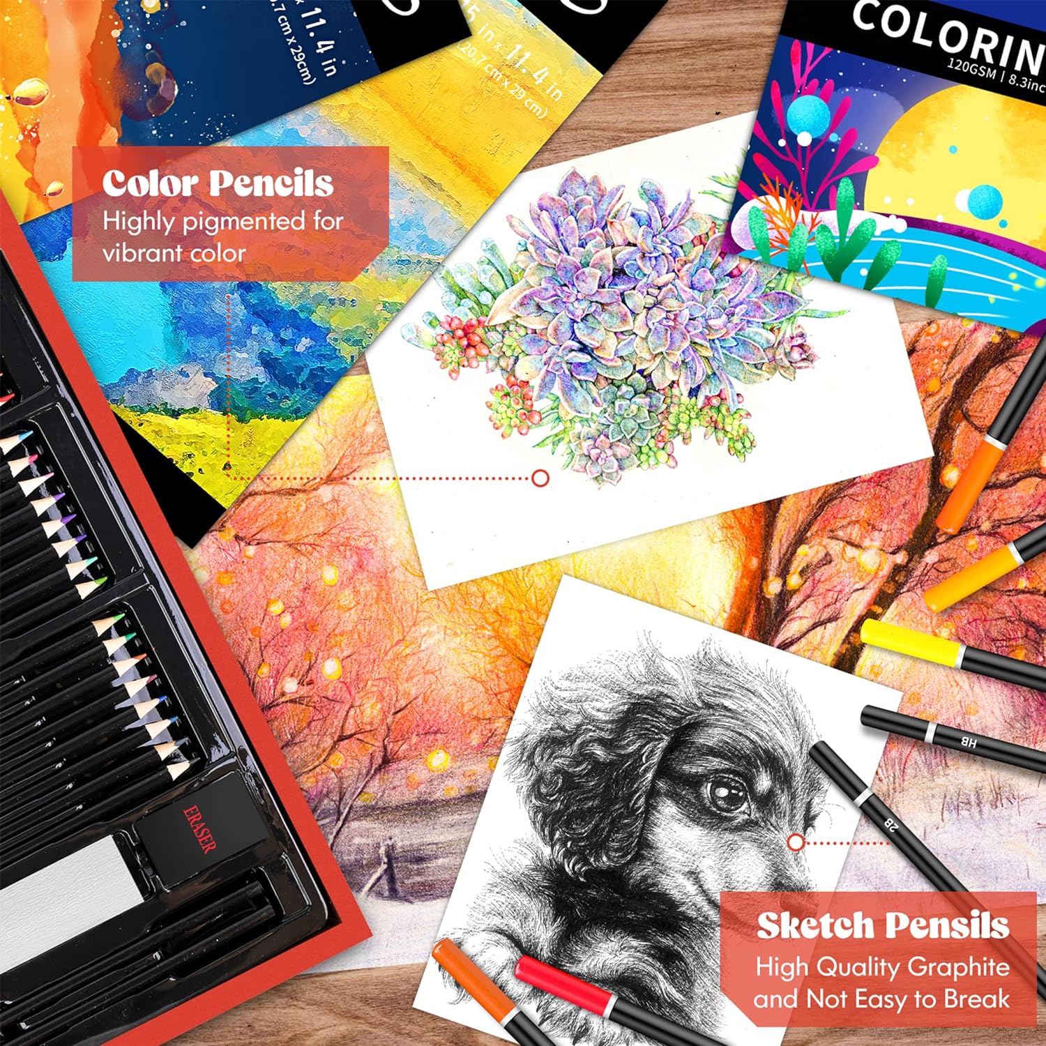 Caliart Art Supplies, 153-Pack Deluxe Art Set in Wooden Case, Crafts Drawing Painting Kits with 2 A4 Sketch Pads, Coloring Book, Birthday Gifts for Teens Girls Boys Kids Adults Artists