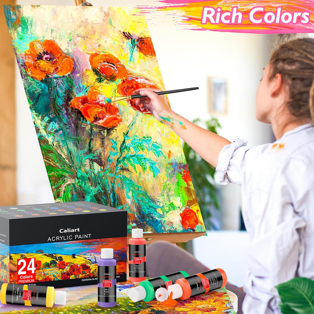 Caliart Acrylic Paint Large Set (120ml/4oz) with 12 Brushes, 24 Colors Art Craft Paints Kit for Adults Artists Beginners on Canvas Ceramic Wood Rock Painting Art Supplies