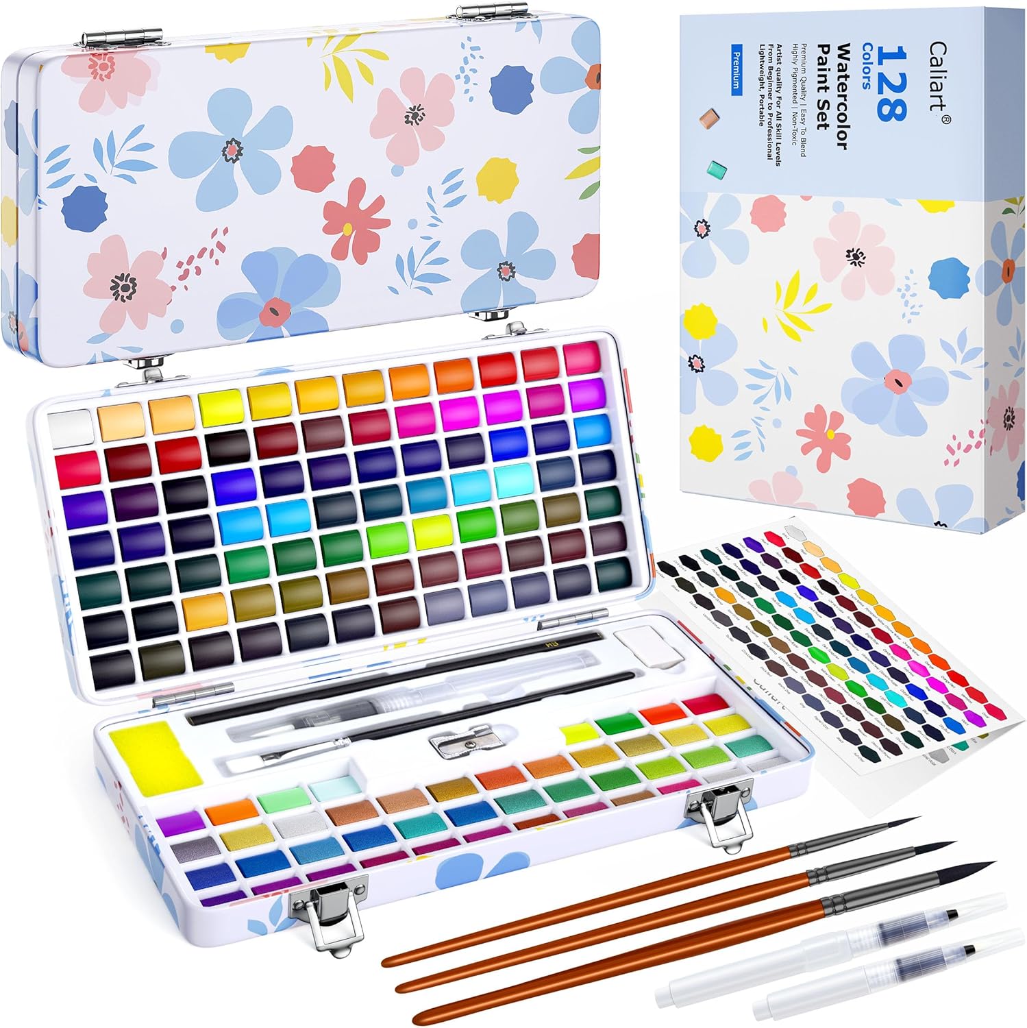 Caliart Watercolor Paint Set, 128 Colors Portable Water Color Palette with Detail Paint Brush, Art Supplies Watercolor Painting Kit Coloring Drawing Gifts for Adults Beginners Professional Artists