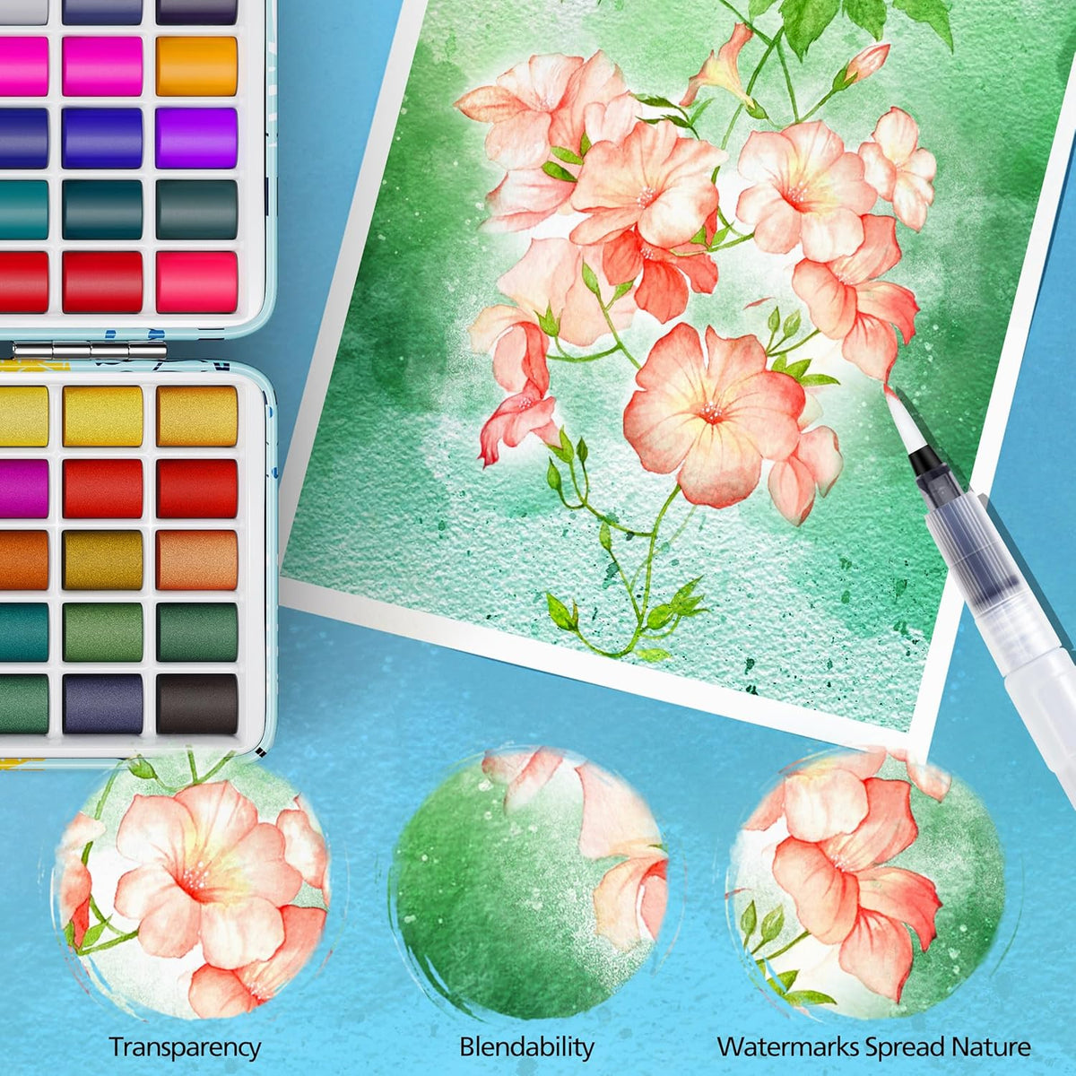 Caliart Watercolor Paint Set, 168 Colors Portable Water Color Palette Kit with Detail Paint Brush, Art Supplies Watercolor Painting Kit Drawing Gifts for Adults Beginners Professional Artists