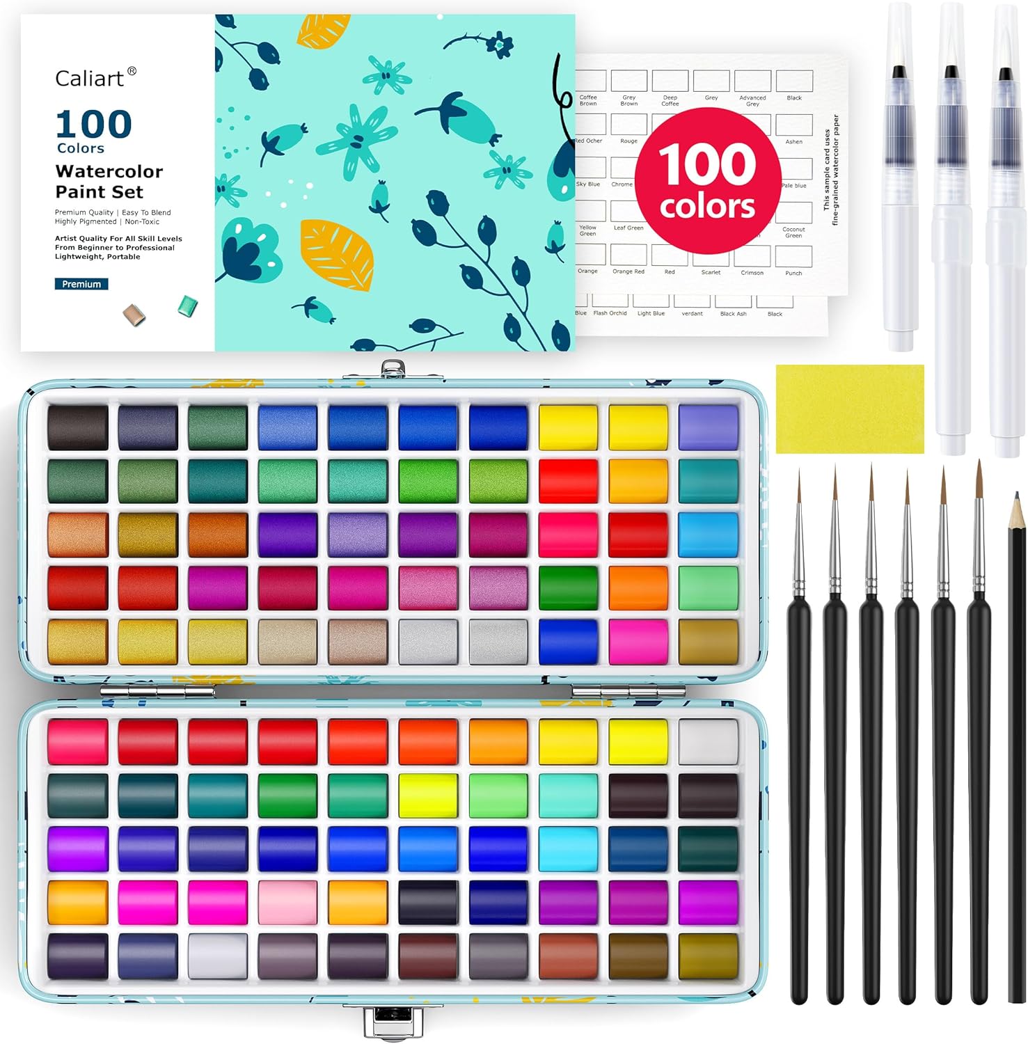 Caliart Watercolor Paint Set, 100 Colors Portable Water Color Palette Kit with Detail Paint Brush, Art Supplies Watercolor Painting Kit Coloring Gifts for Adults Beginners Professional Artists