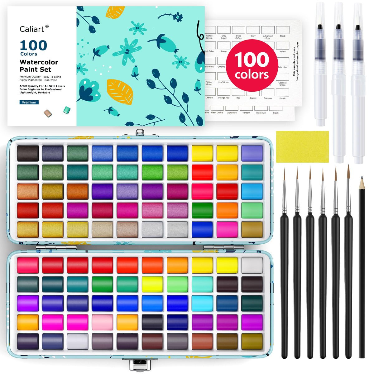 Caliart Watercolor Paint Set, 100 Colors Portable Water Color Palette Kit with Detail Paint Brush, Art Supplies Watercolor Painting Kit Coloring Gifts for Adults Beginners Professional Artists
