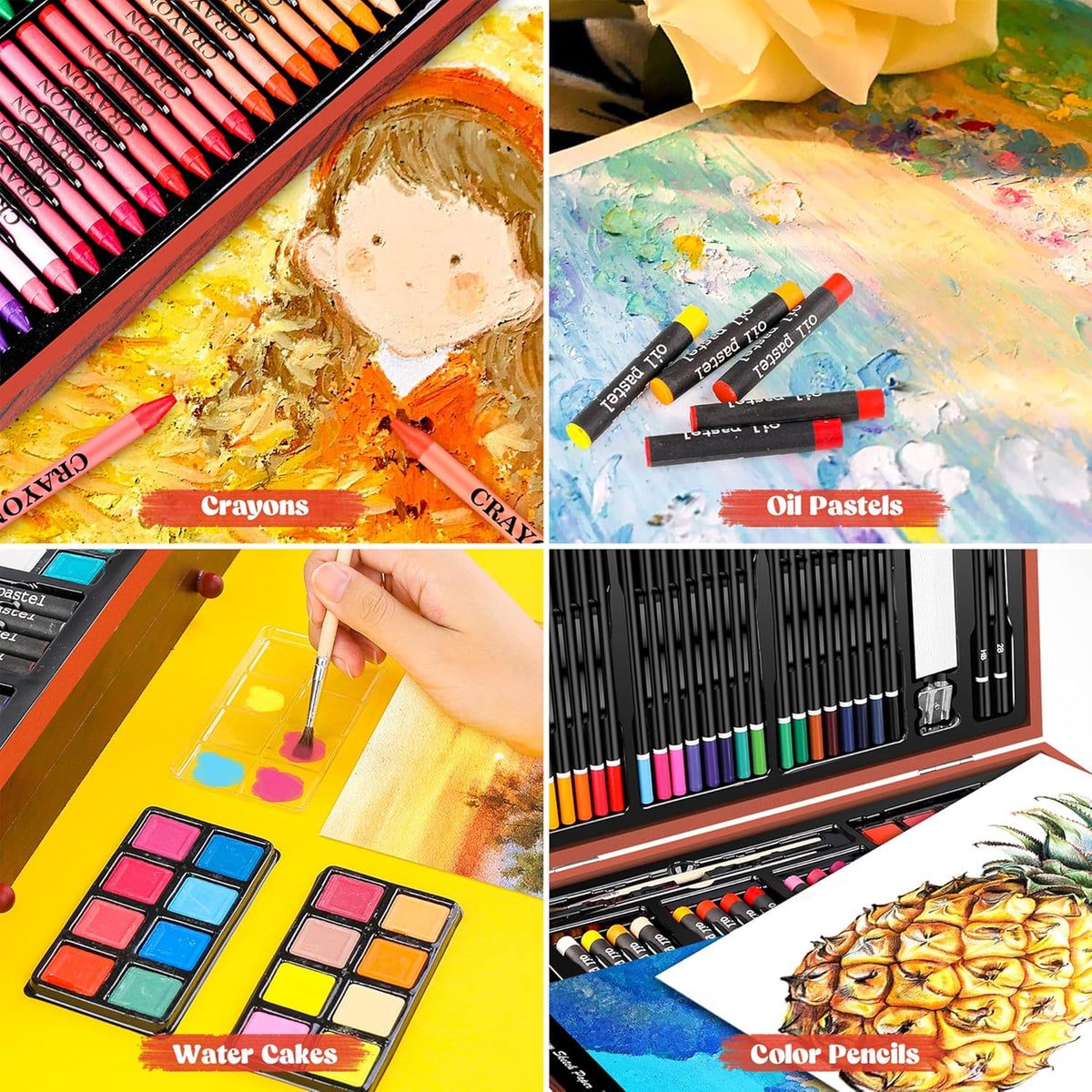 Caliart Art Supplies, 153-Pack Deluxe Art Set in Wooden Case, Crafts Drawing Painting Kits with 2 A4 Sketch Pads, Coloring Book, Birthday Gifts for Teens Girls Boys Kids Adults Artists