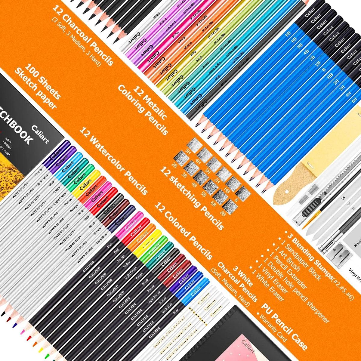 Caliart 176-piece art set contents laid out with sketch pad and pencils
