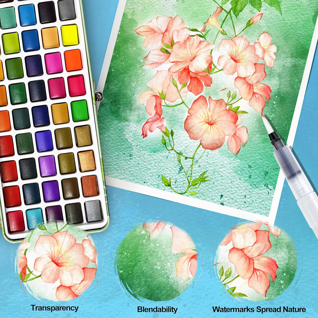 Caliart Watercolor Paint Set, 50 Colors Portable Water Color Palette Kit with Detail Paint Brush, Art Supplies Gifts for Adult Professional Artist Painting Coloring