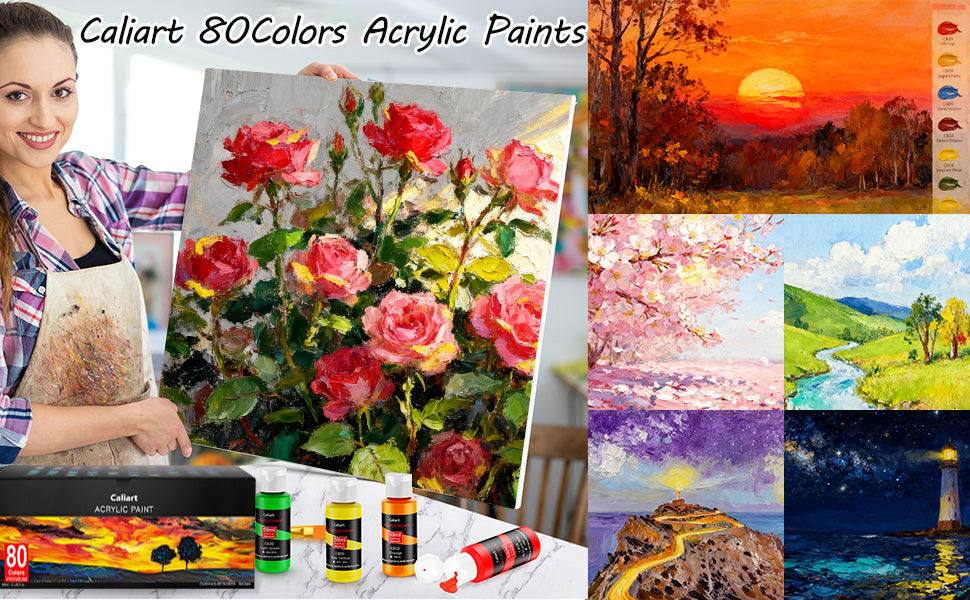 Caliart 80-color acrylic paint set with 12 brushes