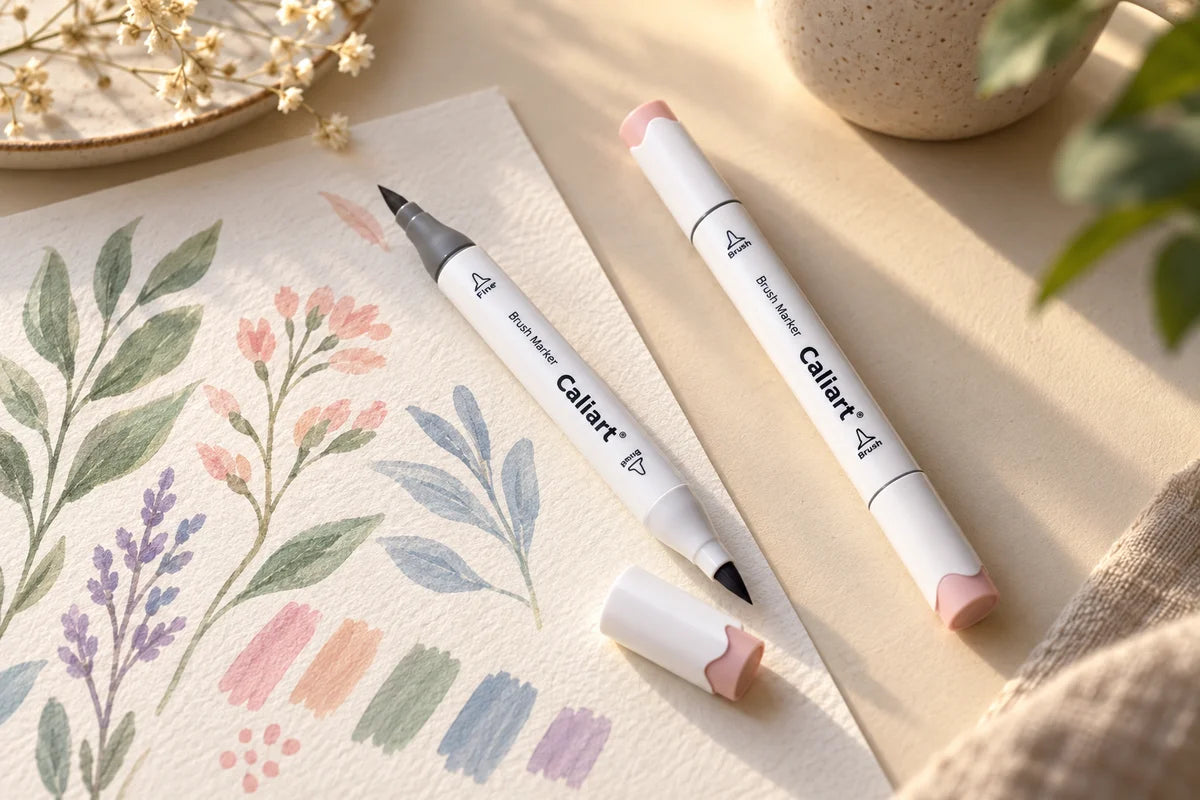 White Caliart markers beside a colorful botanical sketch and color swatches